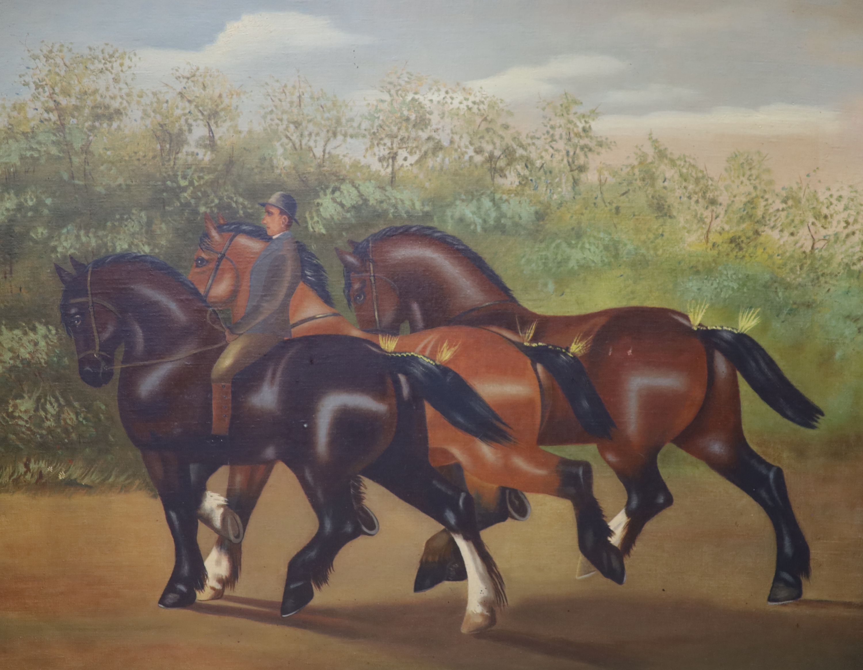 English School, oil on canvas, Naive study of three Shire horses and a groom, 64 x 80cm